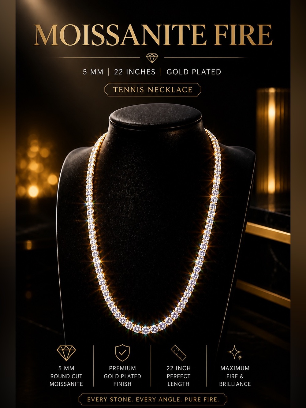 22 Inch Moissanite Tennis Necklace - Gold Plated 925 Sterling Silver